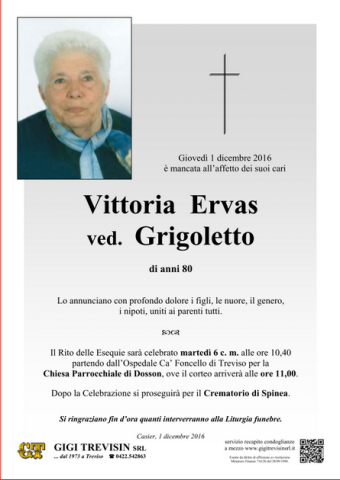 Necrologio Vittoria Ervas ved. Grigoletto